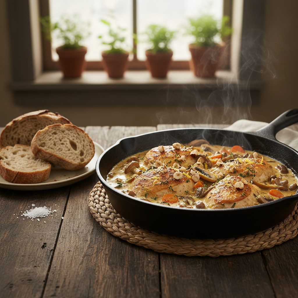 Chicken Skillet with Thyme Cream & Toasted Hazelnuts