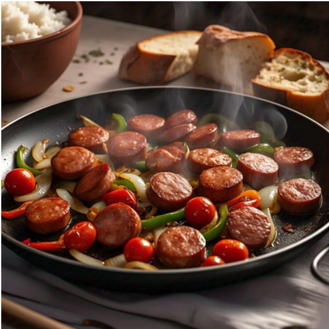 Hot Italian Chicken Sausage with Peppers, Onions, and Cherry Tomatoes